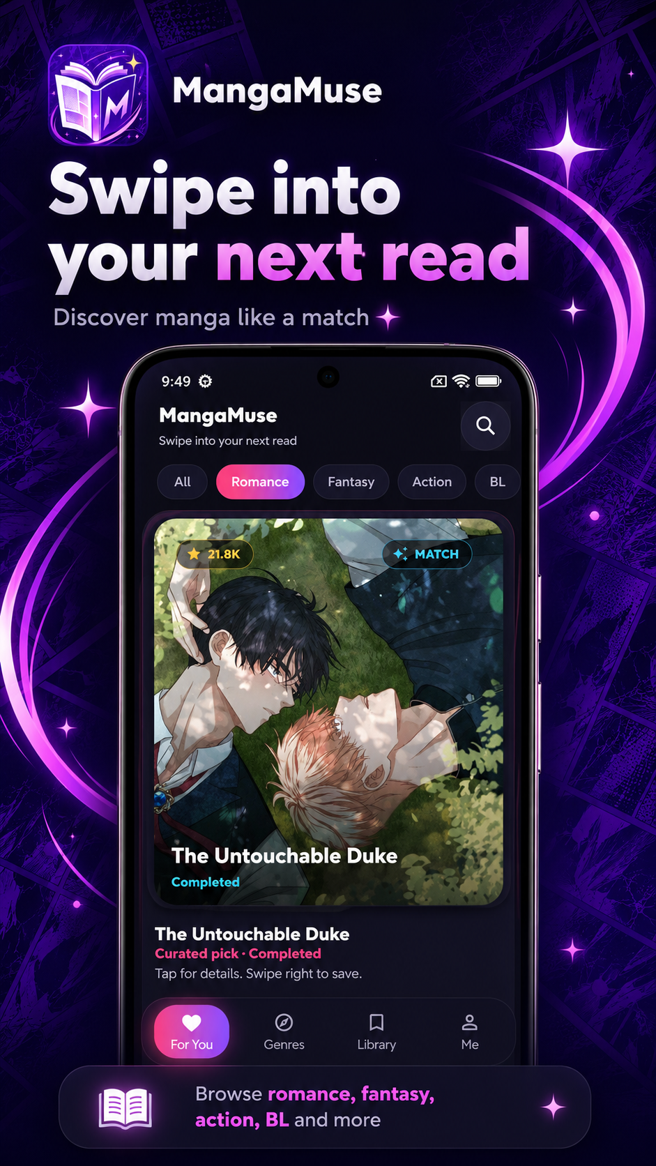 MangaMuse swipe discovery screen
