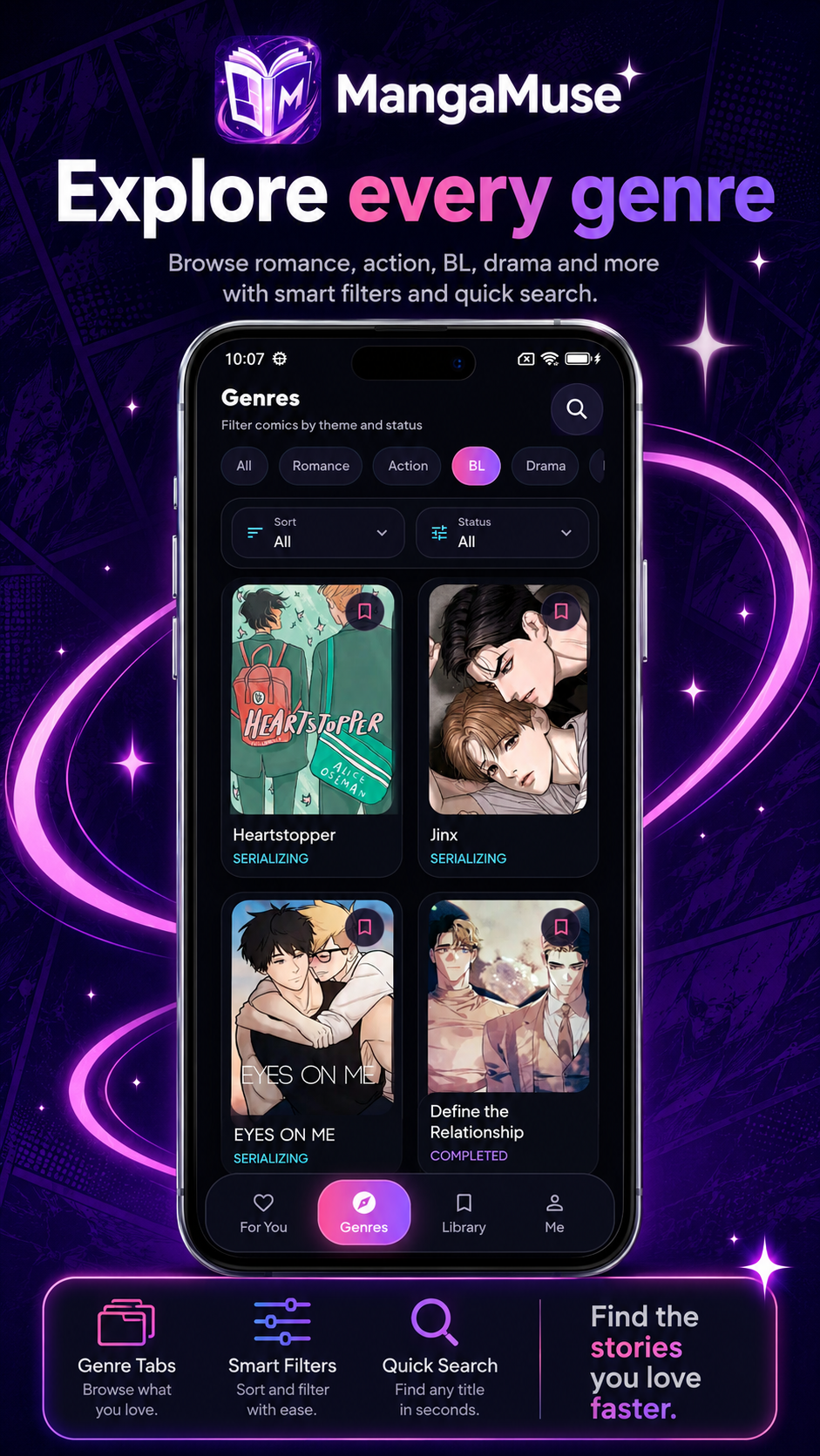 MangaMuse genre browsing screen